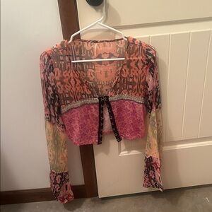 Free People Sheer Pink Mixed-Print Tie-Front Cropped Top